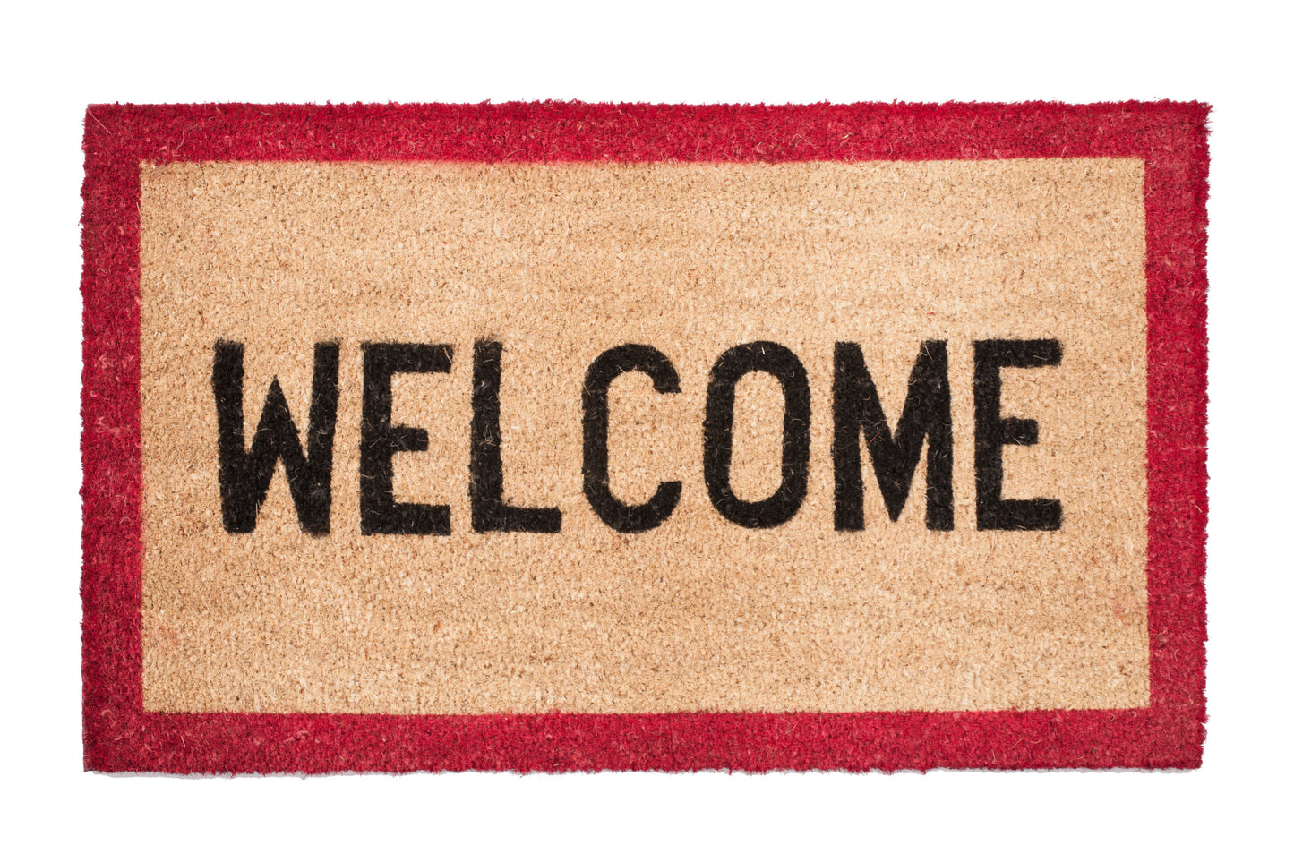 Doormat with 'WELCOME' text and red border on a white background