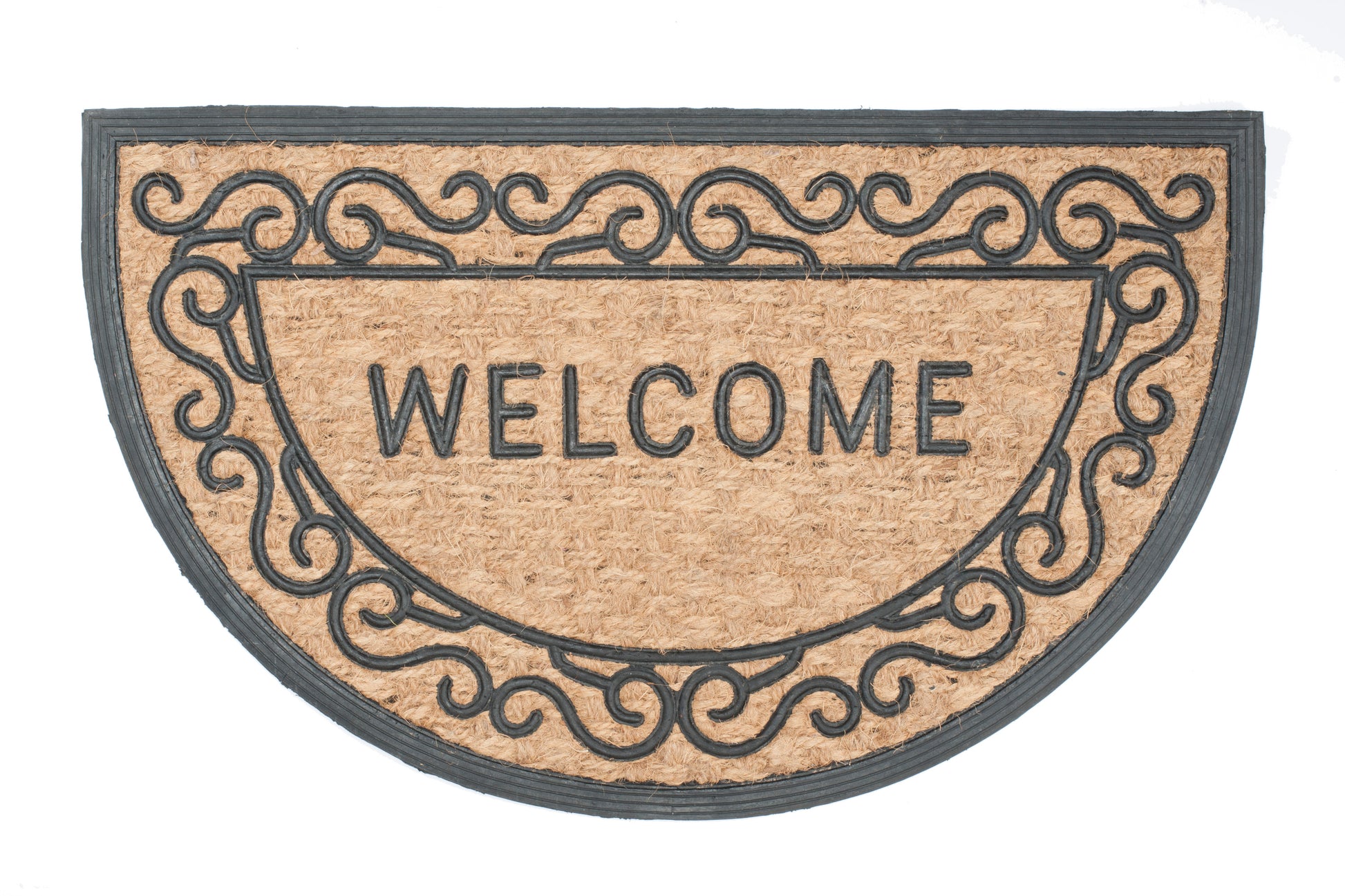 Decorative semi circle doormat with 'WELCOME' text on a white background