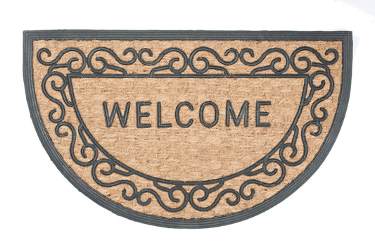 Decorative semi circle doormat with 'WELCOME' text on a white background