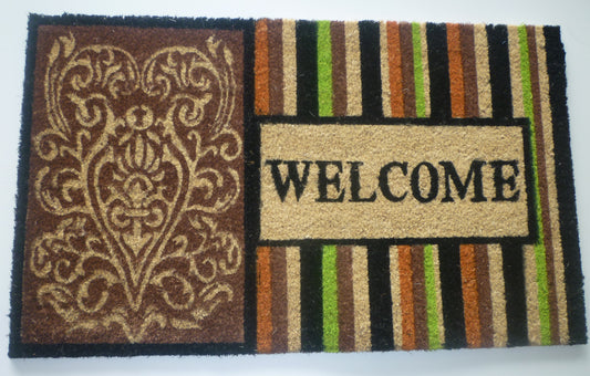 Decorative doormat with intricate design and 'WELCOME' text on a striped background