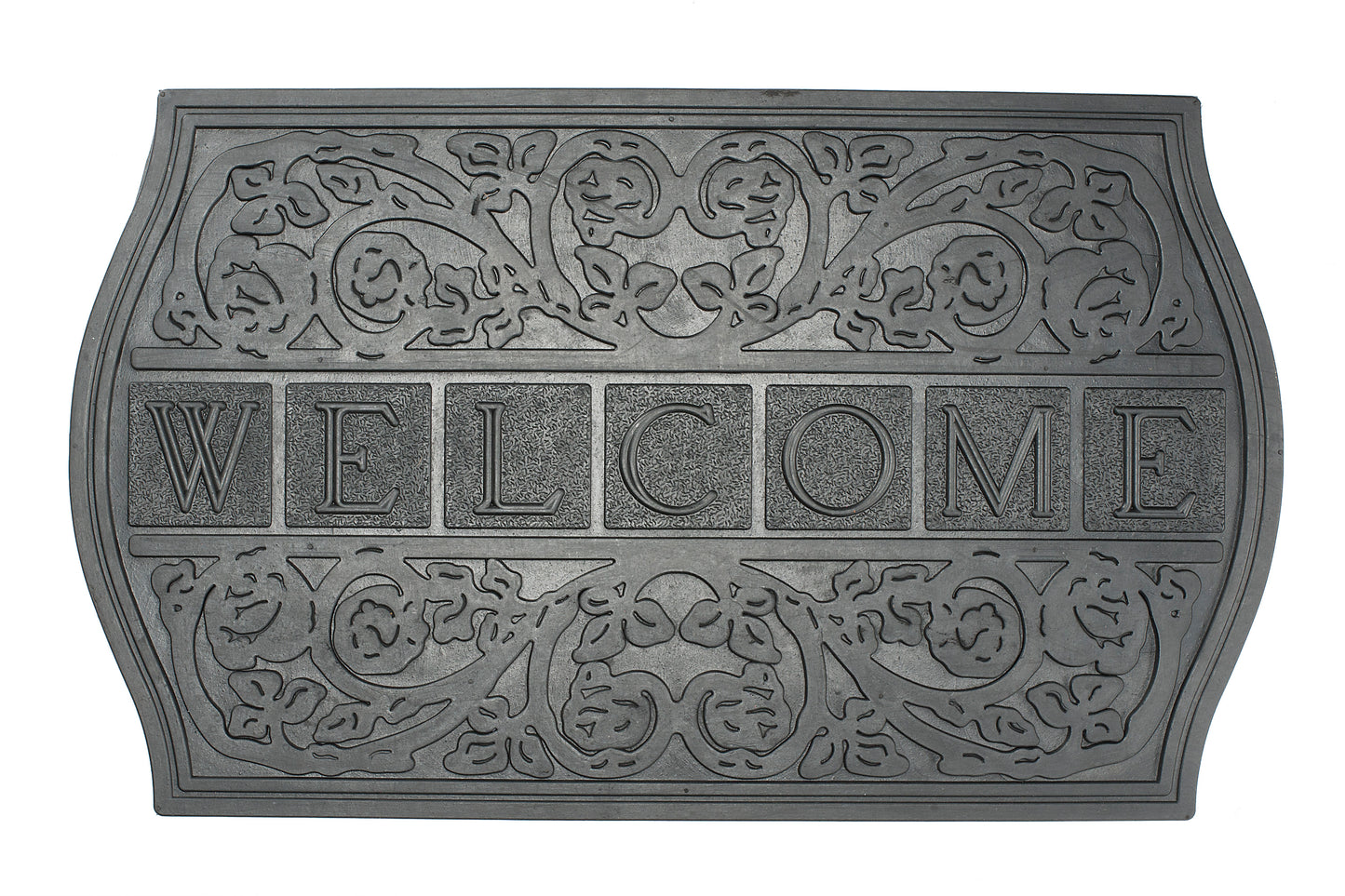 Decorative welcome mat with intricate patterns and the word 'WELCOME' on a white background