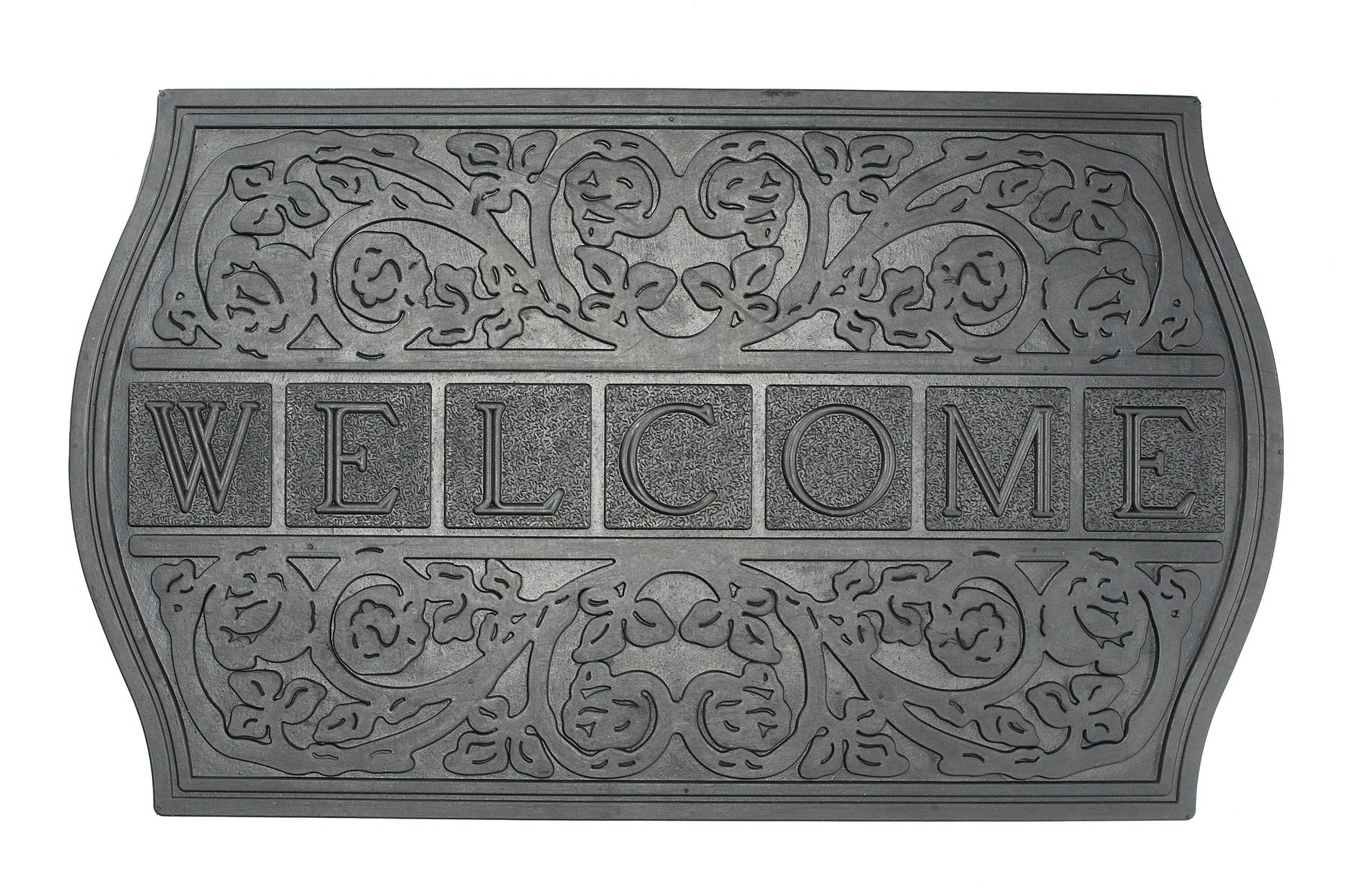 Decorative welcome mat with intricate patterns and the word 'WELCOME' on a white background