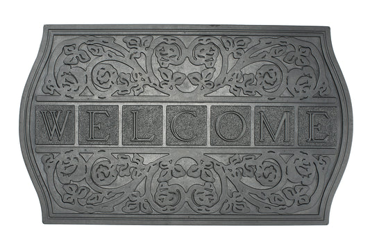 Decorative welcome mat with intricate patterns and the word 'WELCOME' on a white background