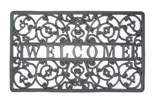 black rubber welcome doormat with decorative border design