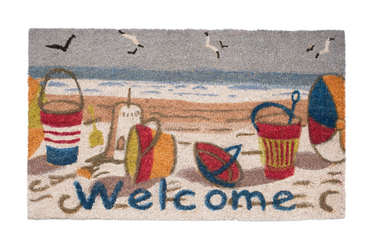 Doormat with beach scene design featuring buckets and the word 'Welcome'.