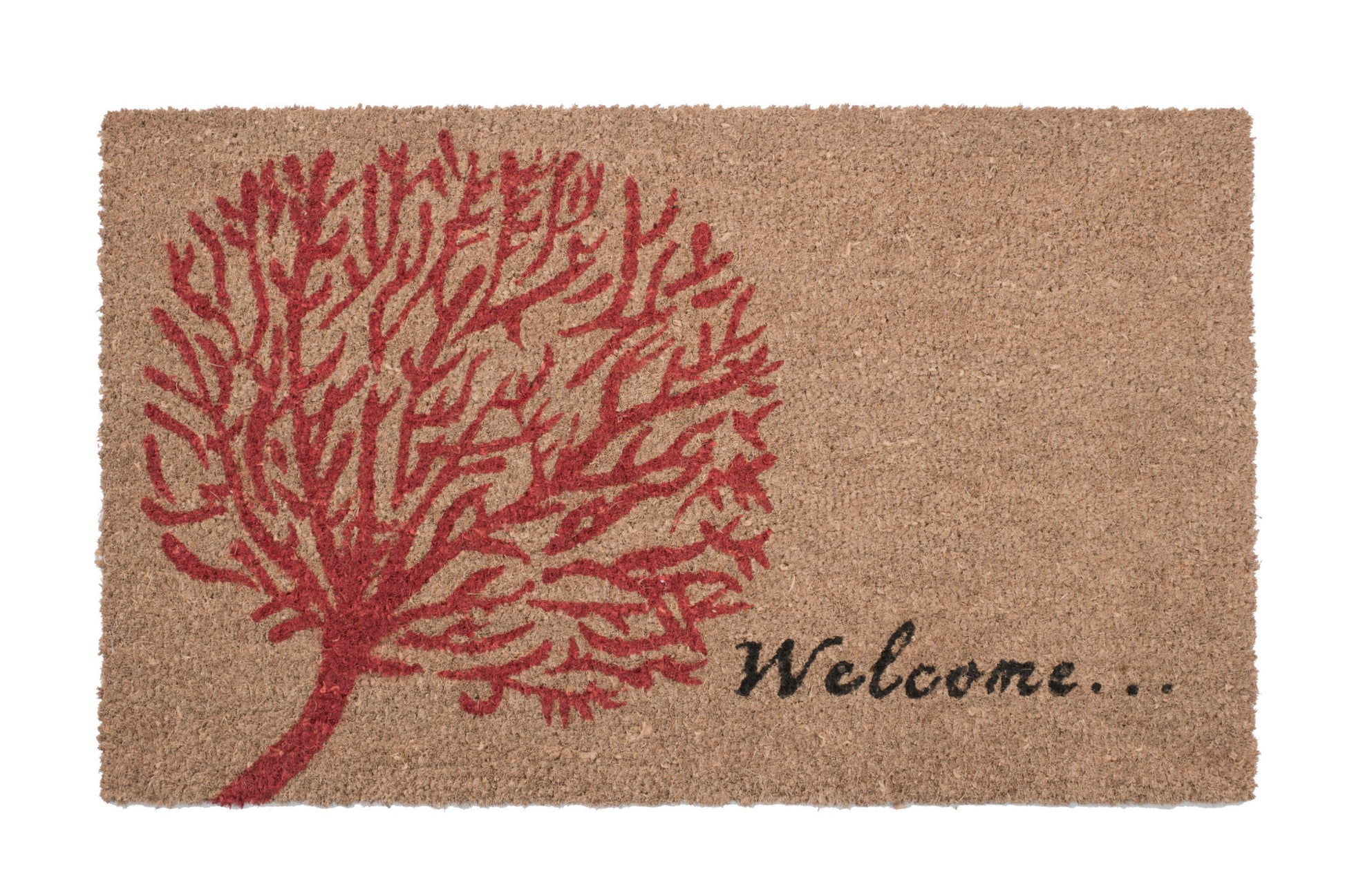 Doormat with a red tree design and 'Welcome' text on a beige background
