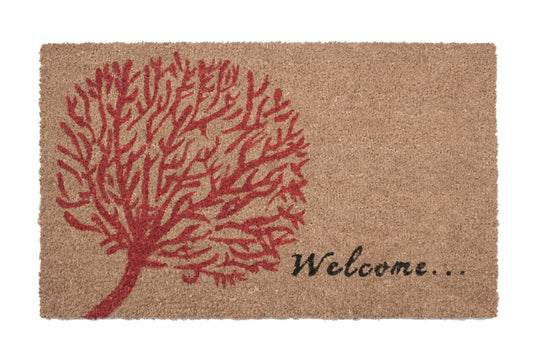 Doormat with a red tree design and 'Welcome' text on a beige background