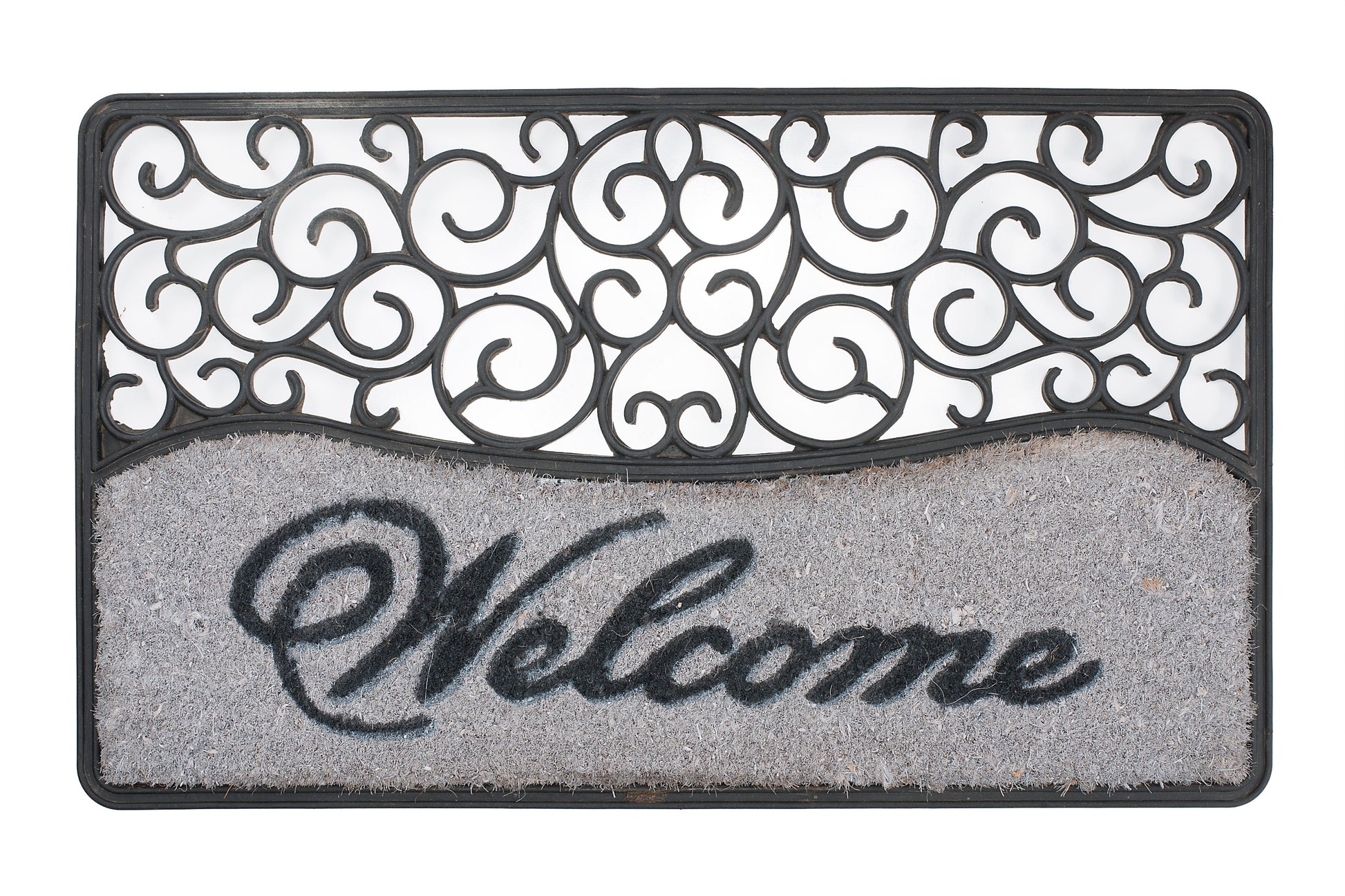 Decorative doormat with intricate pattern and 'Welcome' text on a white background