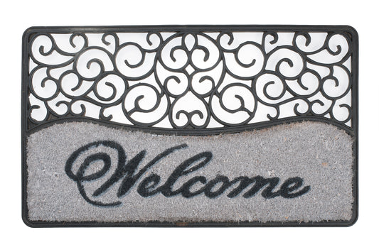 Decorative doormat with intricate pattern and 'Welcome' text on a white background