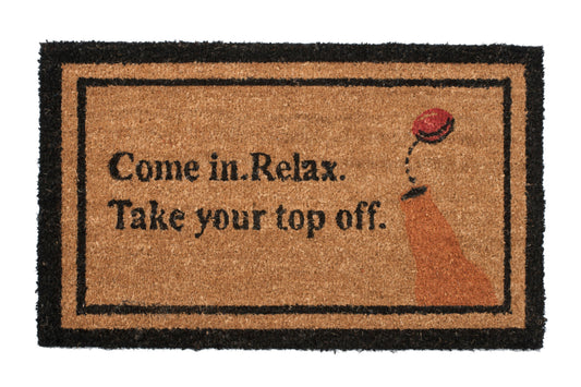 brown wine bottle door mat with humorous text and black border