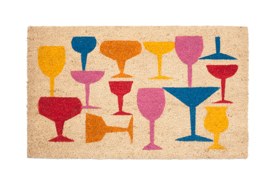 Doormat with colorful wine glass designs on a beige background