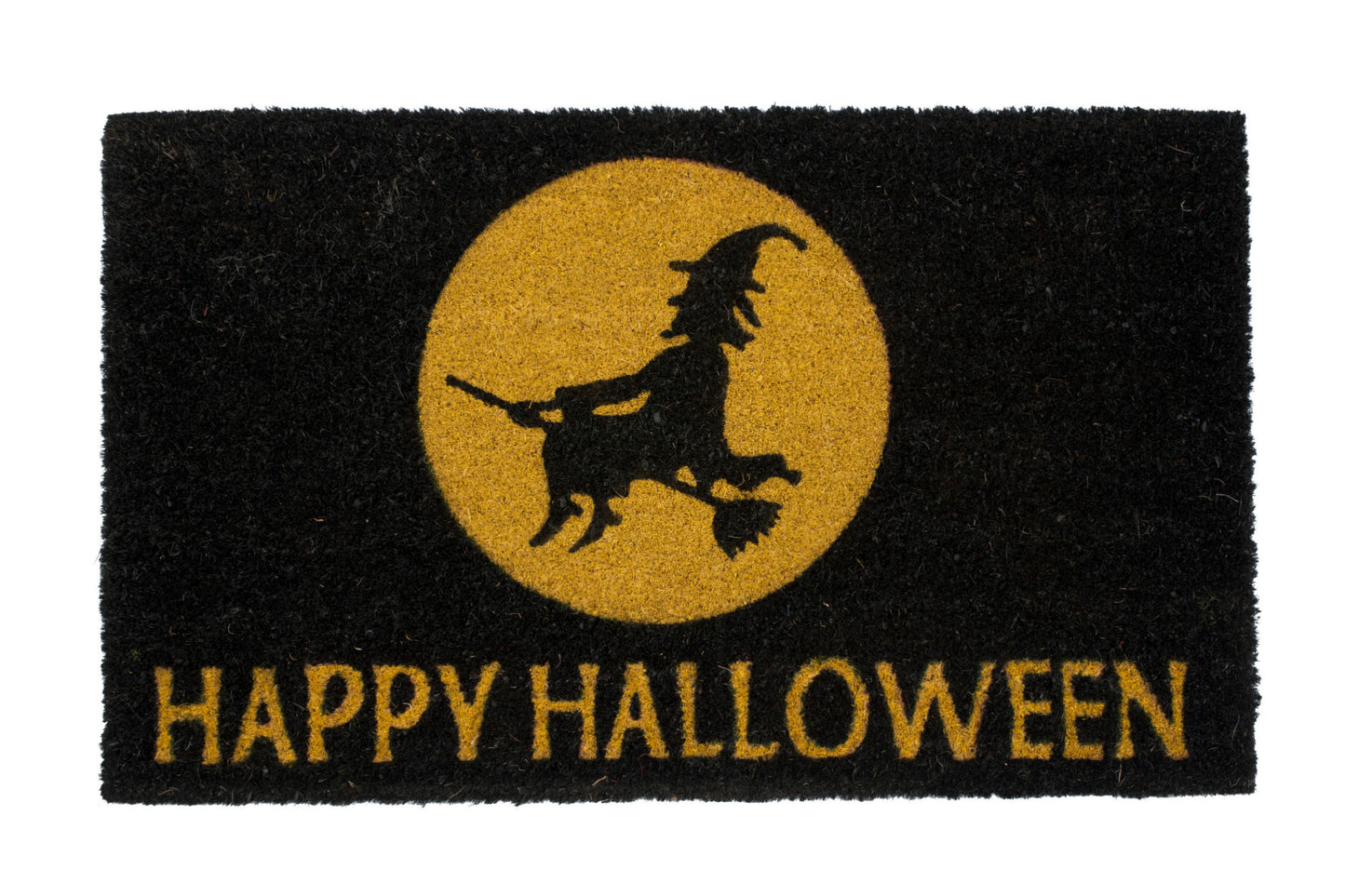 Halloween doormat with witch silhouette in front of a moon and 'Happy Halloween' text on a black background