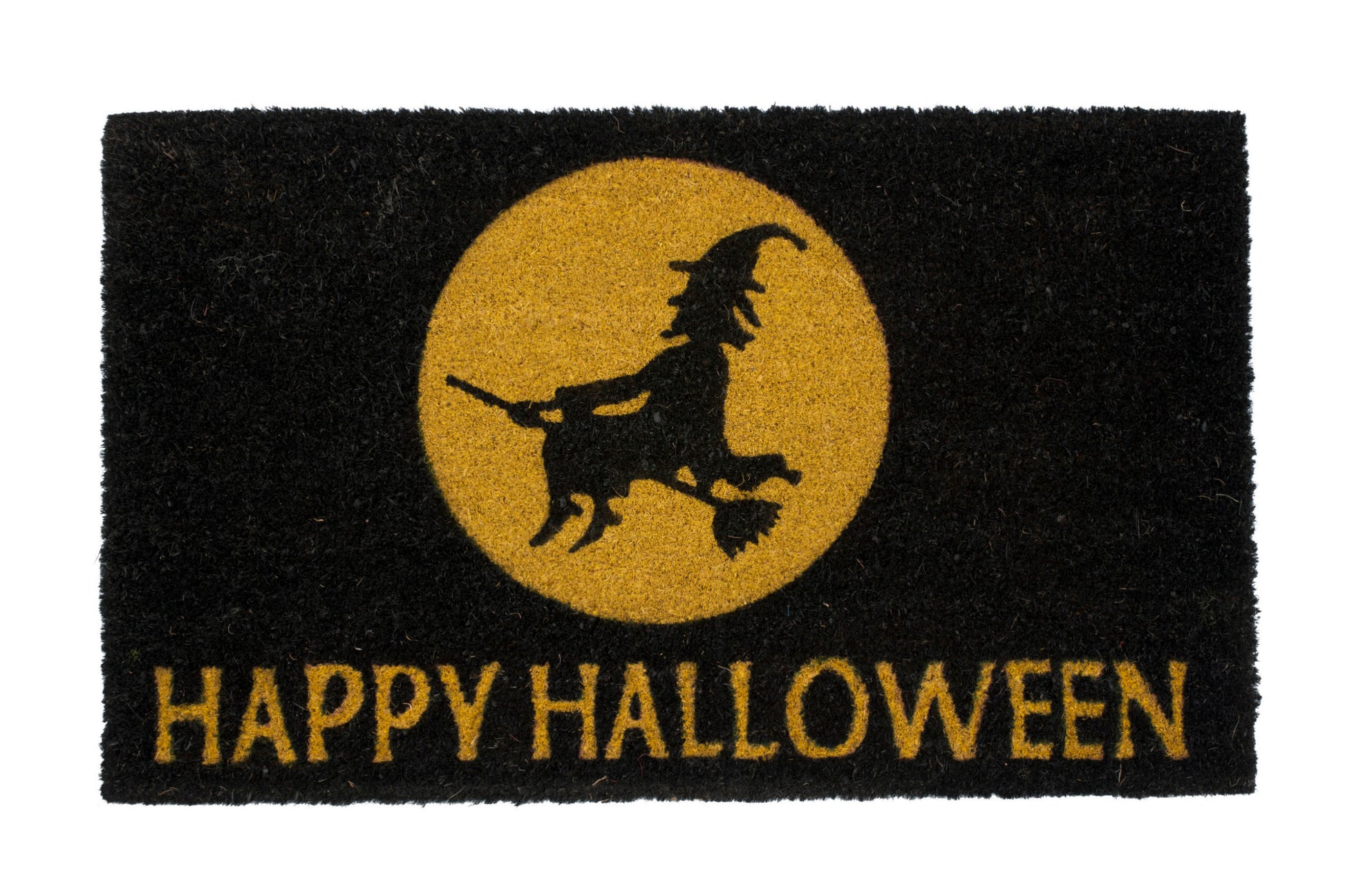 Halloween doormat with witch silhouette in front of a moon and 'Happy Halloween' text on a black background