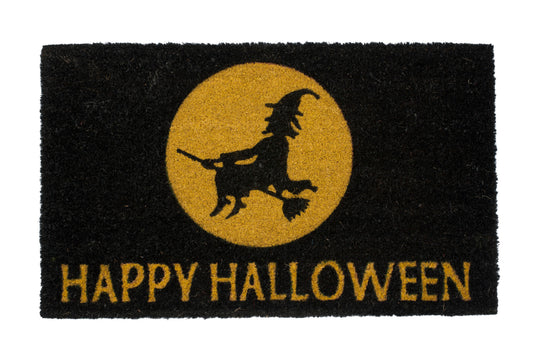 Halloween doormat with witch silhouette in front of a moon and 'Happy Halloween' text on a black background