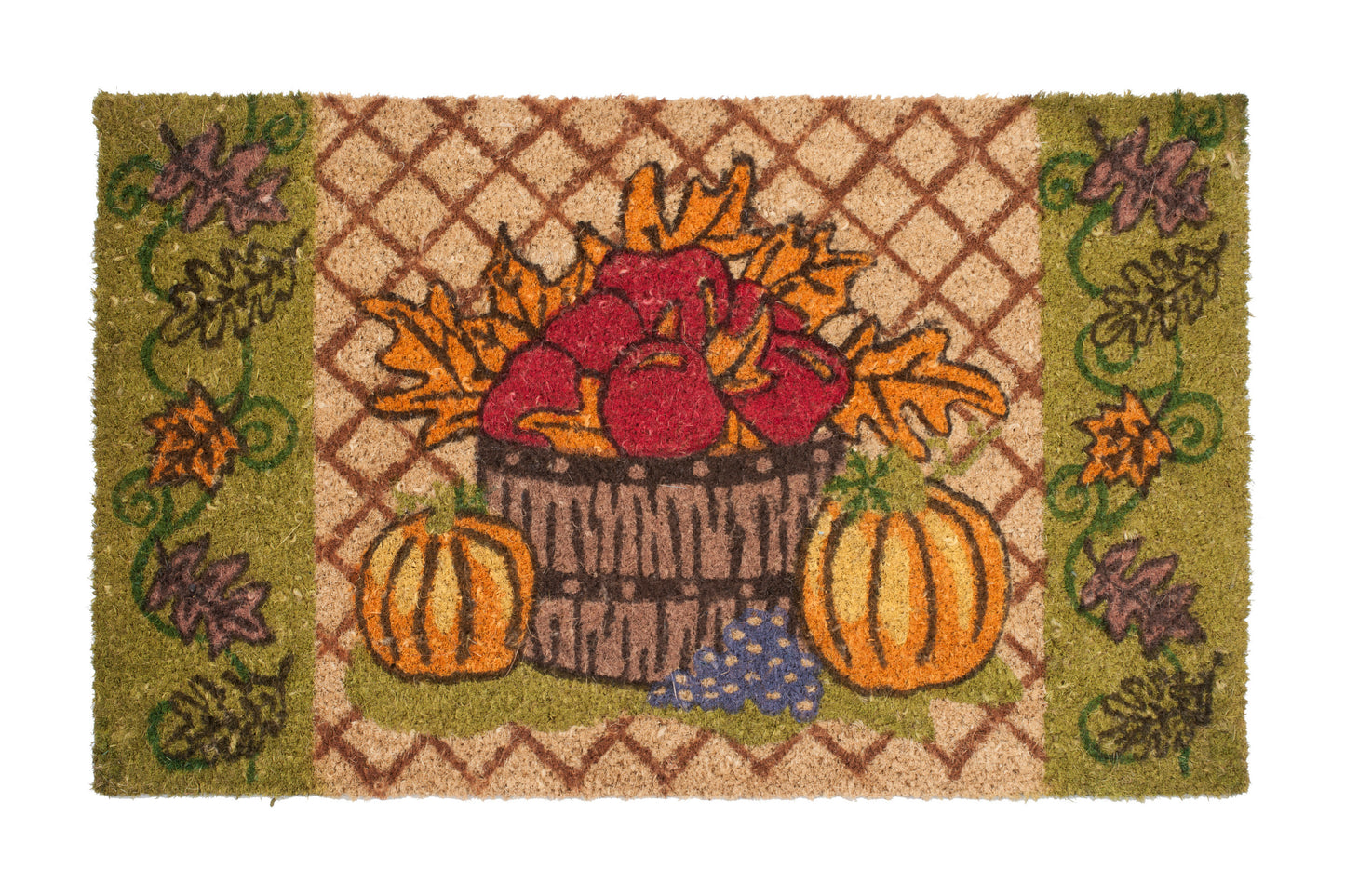 Decorative doormat with autumn design featuring pumpkins, leaves, and a basket.