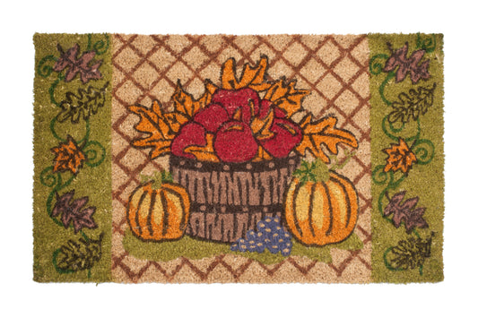 Decorative doormat with autumn design featuring pumpkins, leaves, and a basket.