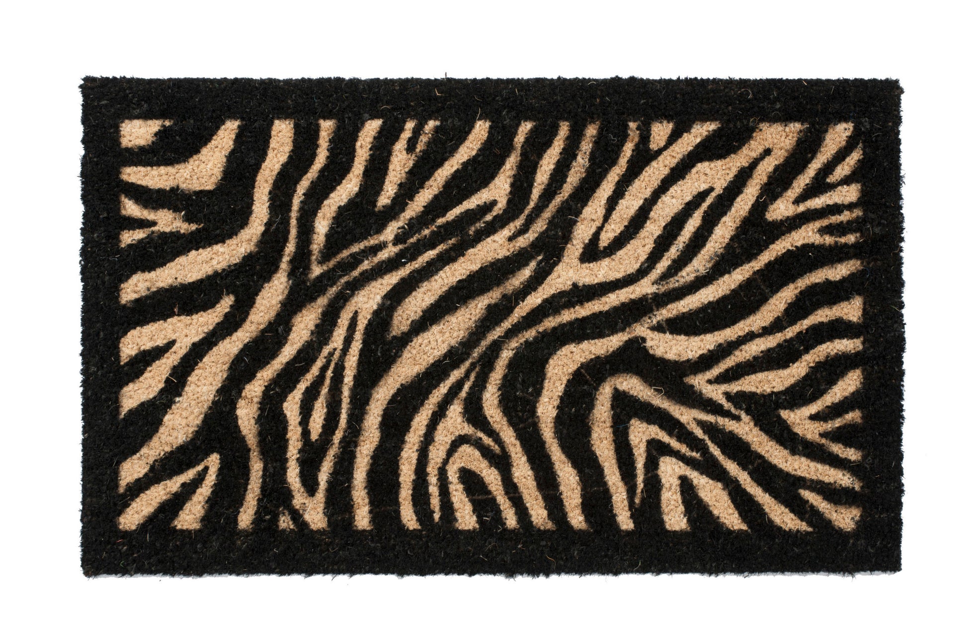 Black and white doormat with zebra pattern on a white background